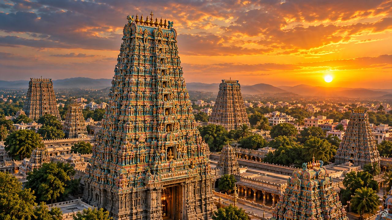 மதுரை மீனாட்சி அம்மன் கோயிலின் ராஜகோபுரம், அந்தி வெளிச்சத்தில்